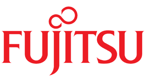 Fujitsu logo featuring red text and a stylized red symbol above the company name.