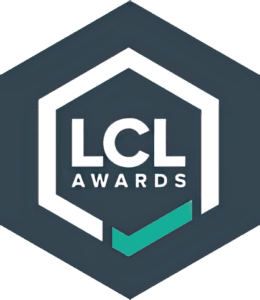 Award badge with LCL Awards logo, hexagon shape, dark background, and teal checkmark.