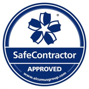 SafeContractor approved badge with blue flower logo and website www.alcumusgroup.com.