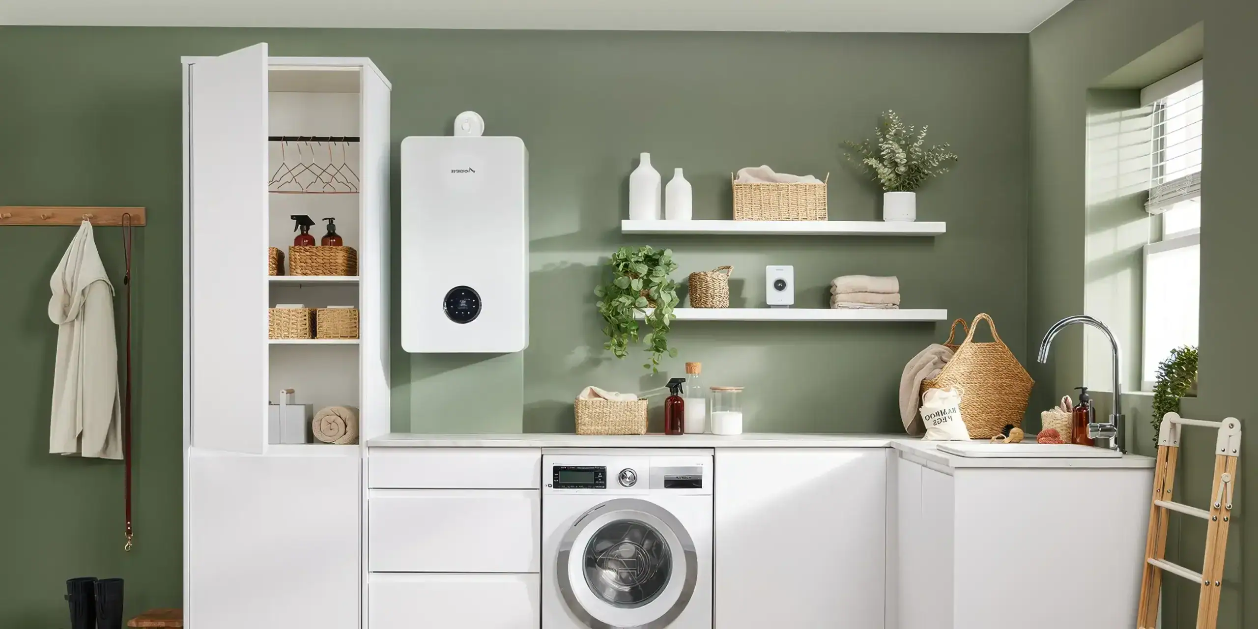 Gas boiler mounted on a green wall in a modern kitchen with shelves, baskets, and a window.